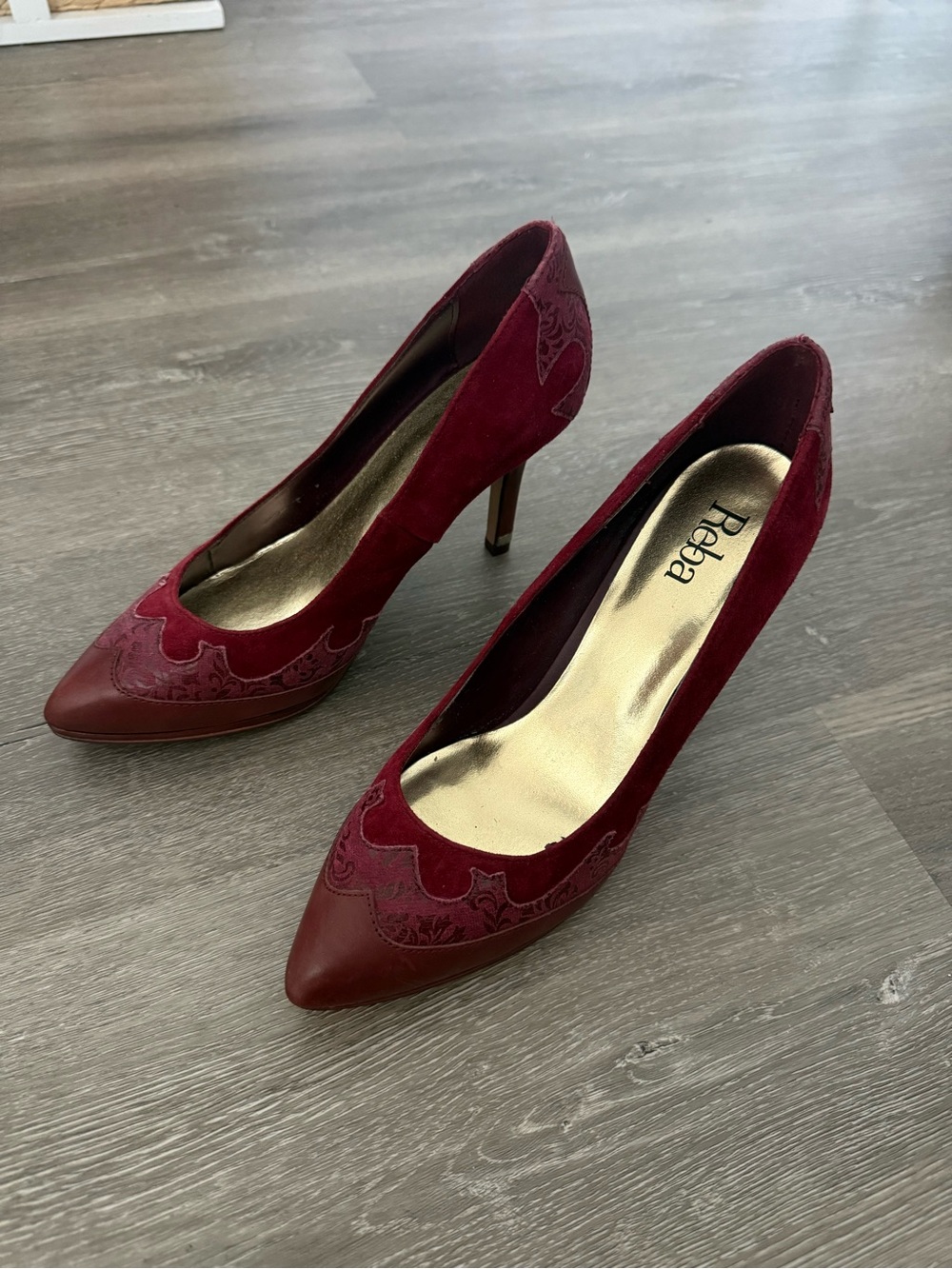 Reba Burgundy Pointed-Toe Mixed-Material Pumps